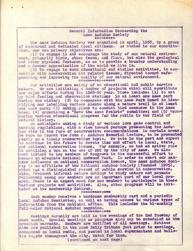 A summary of information about the Ames Audubon Society which was organized in April, 1968. Included are details about the society's objectives, activities, the cost and benefits of membership, meetings, the 1968 officers and directors, and an application of membership.