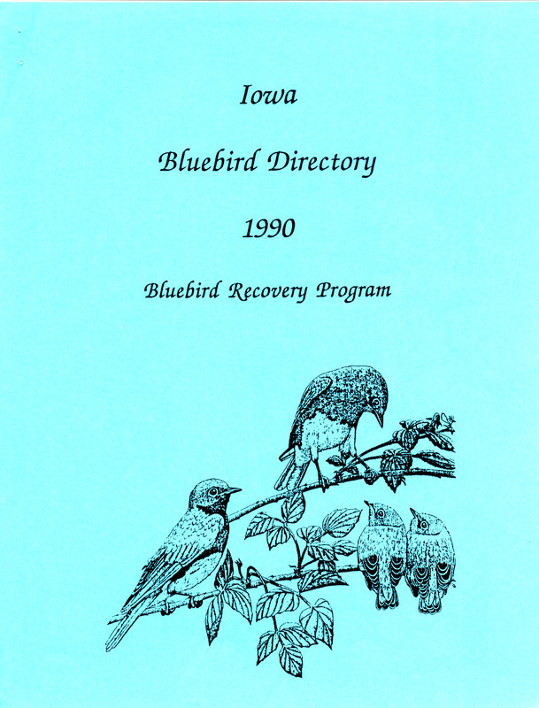 A directory of birders in Iowa who were instrumental in the recovery of Eastern Bluebirds in the state in 1990. Includes Bluebird nest box data, information on Bluebird clutches and nests as well as the names and locations of participants with their observations on number of houses, number of eggs, number hatched, and the number fledged. The directory also contains a list of predators and problems that may be encountered on the Bluebird trail with possible solutions, design plans for a Sparrow trap and a Bluebird slot box and a blank 1991 Nest Box Record form to return the next year.