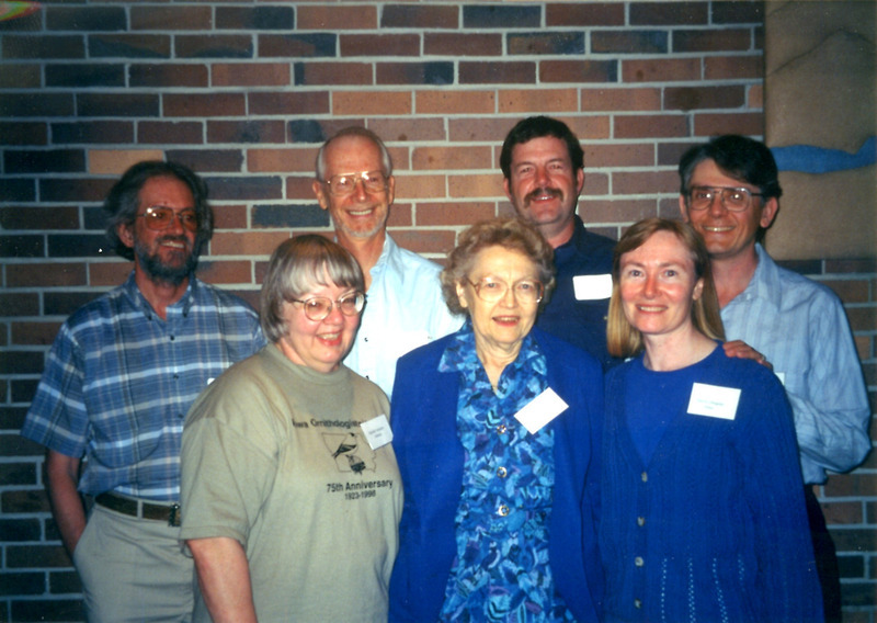 Photo of past presidents of the Big Bluestem Audubon Society, May 1998. In the back row, from left right: James A. "Jim" Murdock (1984-1986), David C. Edwards (1986-1988), Mike Meetz (1988-1990), and Mark Widrlechner (1994-1996). In the front row, from left to right: Maridel Jackson (1992-1994), Lotus Miller, and Sherry Dragula (1990-1992).