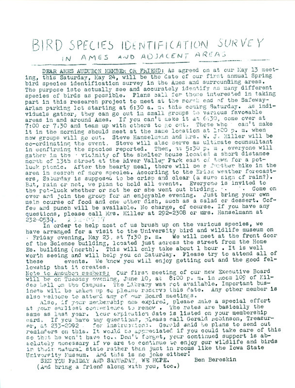 A flyer with information pertaining to the first annual Ames Audubon Society spring bird species identification survey with the purpose of identifying as many different species of birds as possible.