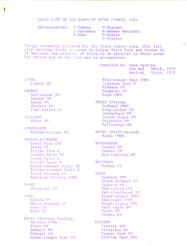 A revised list of the most regularly observed bird species found in Story County as well as at Ledges State Park and in Greene County compiled by John Faaborg and Jim Rod, March 1972.