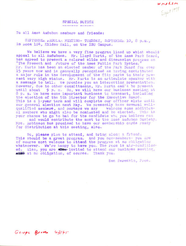 Letter from Ben Bereskin to Ames Audubon Society members and friends regarding the September meeting and program, September 1971. Bereskin urges members of the society to attend the September meeting and program featuring a presentation, "The Present and Future of the Ames Public Park System" by Lloyd Kurtz.