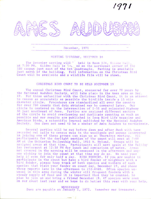 The newsletter of the Ames Audubon Society, December 1971. Highlights of the newsletter includes an announcement of the next meeting of the society and details on the upcoming Christmas Bird Count.