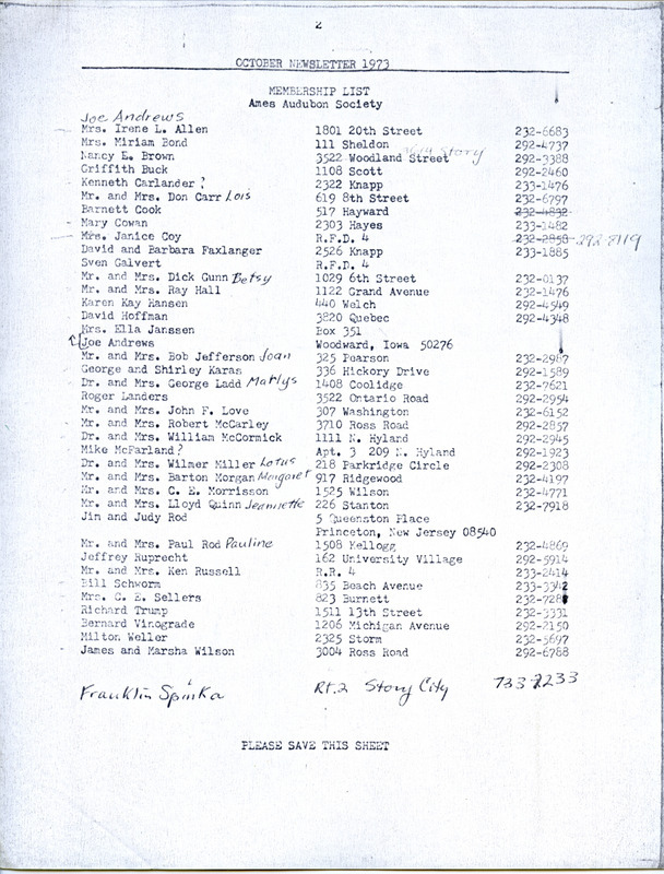 An annotated list of Ames Audubon Society members from the October 1973 newsletter of the society, including addresses and phone numbers.