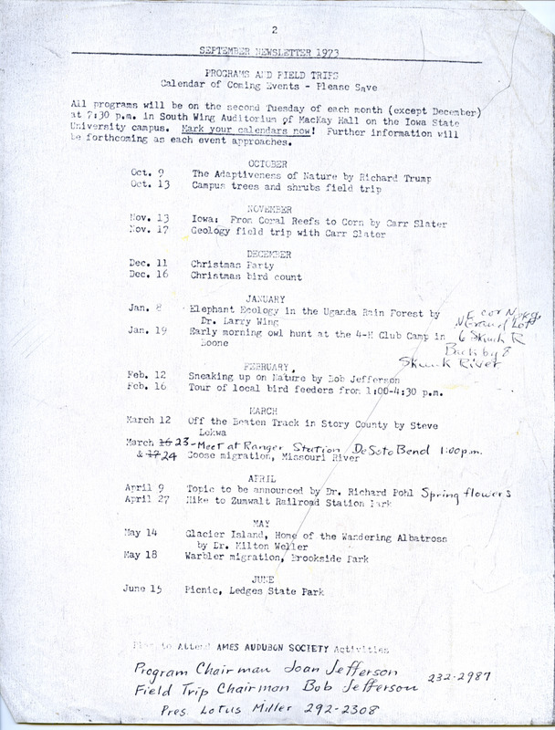 Page 2 of the newsletter of the Ames Audubon Society, September 1973. This page of the newsletter contains a calendar of coming events of the society for October 1973 through June 1974, including field trips and programs with the topics and the presenters. Pages 1 and 3 are found at: https://avian.lib.iastate.edu/documents/10180/view.