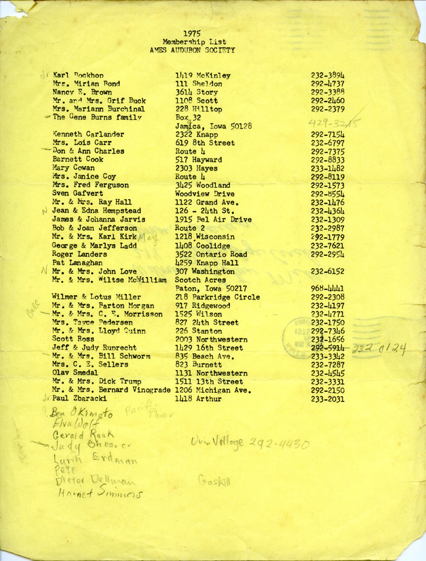 An annotated list of Ames Audubon Society members for the year 1975, including addresses and phone numbers.