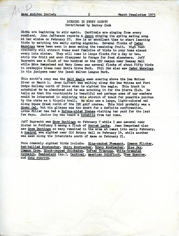 The newsletter of the Ames Audubon Society, March 1975. The highlight of the newsletter was an article on birding in Story County contributed by Barney Cook.