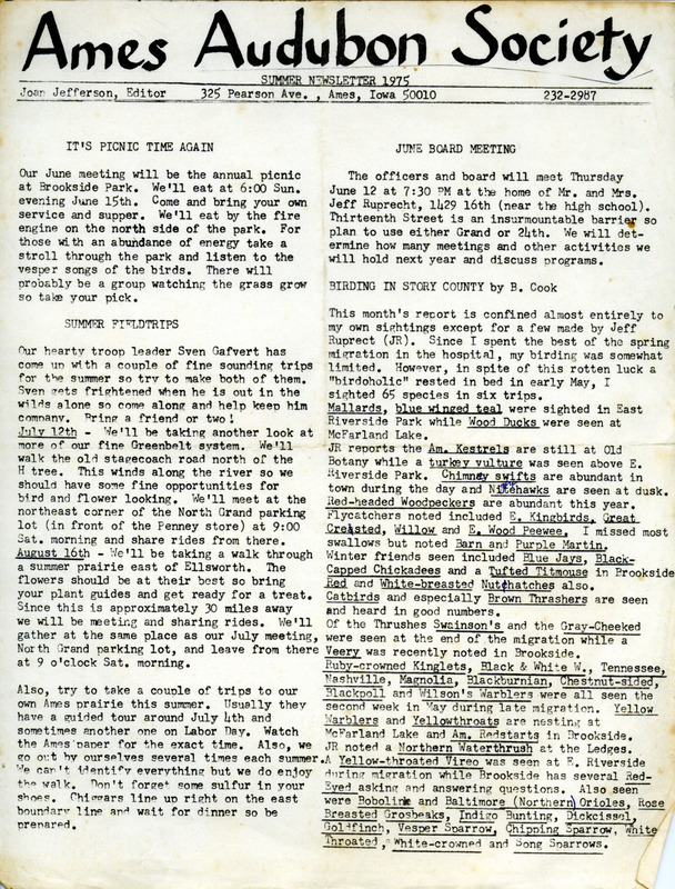 The newsletter of the Ames Audubon Society, Summer 1975. Highlights of the newsletter include details about summer field trips and an article on birding in Story County by Barney Cook.