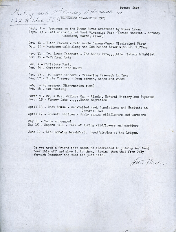 The newsletter of the Ames Audubon Society, September 1975. The highlight of the newsletter is a calendar of events from September 1975 through June 1976, including the subject and presenters of upcoming programs.