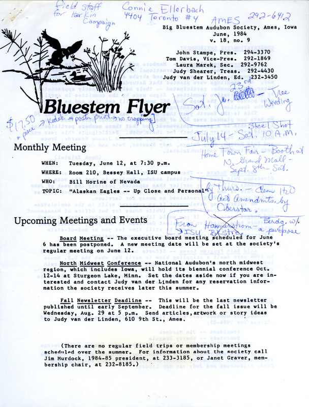 The newsletter of the Big Bluestem Audubon Society, Volume 18, Number 9, June 1984. Highlights of the newsletter include updates on conservation efforts and environmental issues, notes on bird observations by Paul Martsching, and reports on the Iowa Ornithologists' Union and Iowa Audubon Council meetings.