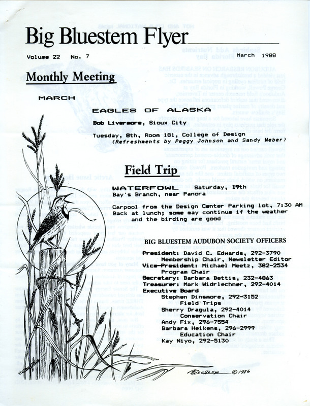 The newsletter of the Big Bluestem Audubon Society, Volume 22, Number 7, March 1988. Highlights of the newsletter include a report on a February Owl field trip, details on a sighting of four Trumpeter Swans on the Des Moines River, and an update on the current Iowa Audubon Council environmental action.