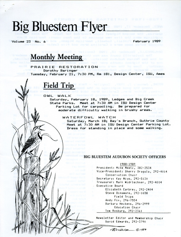 The newsletter of the Big Bluestem Audubon Society, Volume 23, Number 6, February 1989. Highlights of the newsletter include the announcement of an Owl walk and waterfowl watch field trips, the results from the 1988-1989 Christmas Bird Counts from Ames, Saylorville, and Boone County with species and totals from each location, an acid rain update, and a calendar of events for March through September 1989.