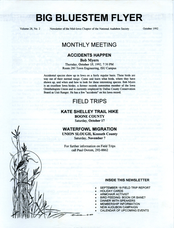 The newsletter of the Big Bluestem Audubon Society, Volume 28, Number 2, October 1992. Highlights of the newsletter include details of the next program "Accidents Happen" presented by Bob Myers, information on membership and joining the society, a report of a September field trip, and an article on bird feeding and the effect on bird populations.