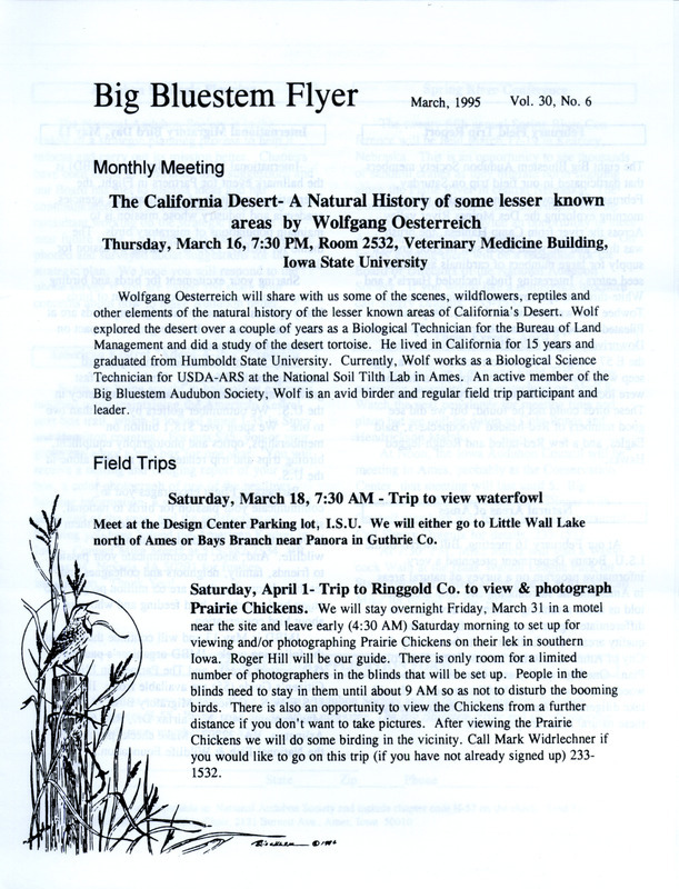 The newsletter of the Big Bluestem Audubon Society, Volume 30, Number 6, March 1995. Highlights of the newsletter include details on an upcoming field trip to Ringgold County to view and photograph Prairie Chickens, a report of a February field trip to the Des Moines River valley, and an article on the celebration of International Migratory Bird Day (IMBD) happening on May 13.