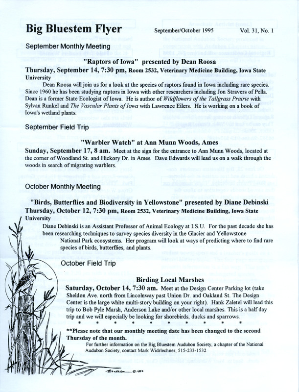 The newsletter of the Big Bluestem Audubon Society, Volume 31, Number 1, September/October 1995. Highlights of the newsletter include details on upcoming monthly meetings and field trips, the announcement of the newsletter changing to a bi-monthly publication rather than a monthly one, and a notice of the termination of the Armchair Activist "Letter of Month Club" if local participation does not increase.