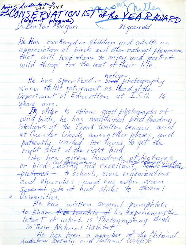 A handwritten, annotated draft of the announcement of Dr. Barton Morgan as the recipient of the 2nd annual Conservationist of the Year Award from the Ames Audubon Society. The draft details Morgan's interest in photographing birds and his enthusiasm in presenting slide and lecture programs on birds and conservation education throughout the state.