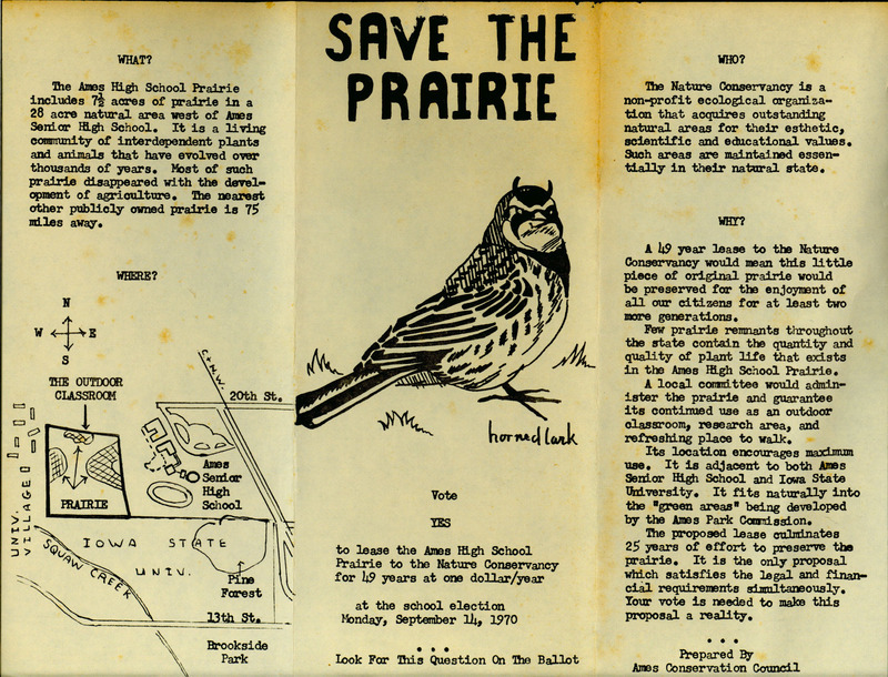 A brochure prepared by the Ames Conservation Council urging citizens to vote yes to lease the Ames High School Prairie to the Nature Conservancy for 49 years at one dollar per year at the school election on September 14, 1970.