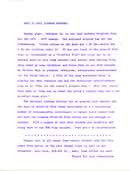 A note to Ames Audubon members regarding the last Audubon Wildlife Film for the 1971-1972 season on February 14, 1972. Members were encouraged to attend the film which promises to be educational entertainment for the entire family.