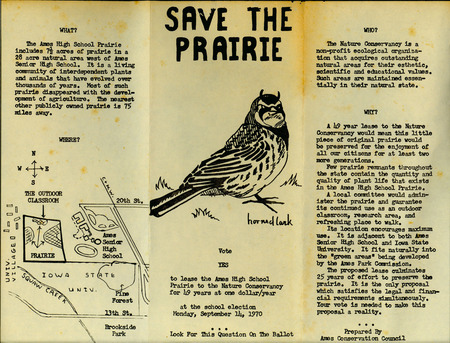 A brochure prepared by the Ames Conservation Council urging citizens to vote yes to lease the Ames High School Prairie to the Nature Conservancy for 49 years at one dollar per year at the school election on September 14, 1970.