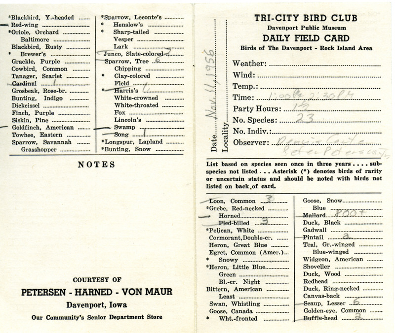 Daily field card of birds observed in Davenport area by Dennis L. Carter and Peter C. Petersen, November 11, 1956.