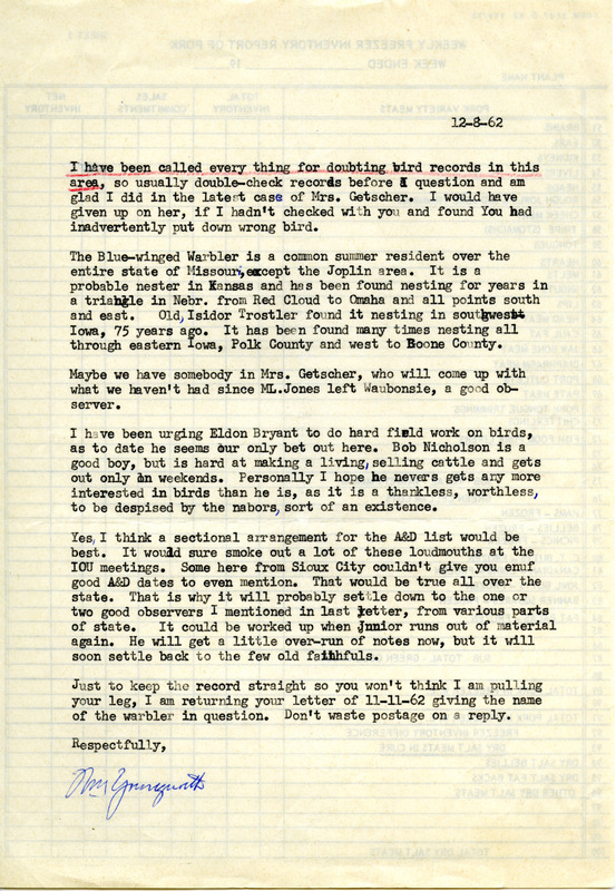 Letter from Bill Youngworth to Woodward Hart Brown dated December 8, 1962. Youngworth discuss Blue-winged Warbler range in response to a reported Hamburg nesting that Brown initially misidentified.