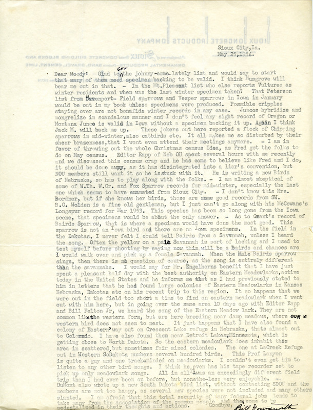 Letter from Bill Youngworth to Woodward Hart Brown dated May 25, 1954. Youngworth thinks that the Christmas census should be discontinued since many reported sightings are extremely unlikely for the season. Youngworth also discusses western colonies of Eastern Meadowlarks.