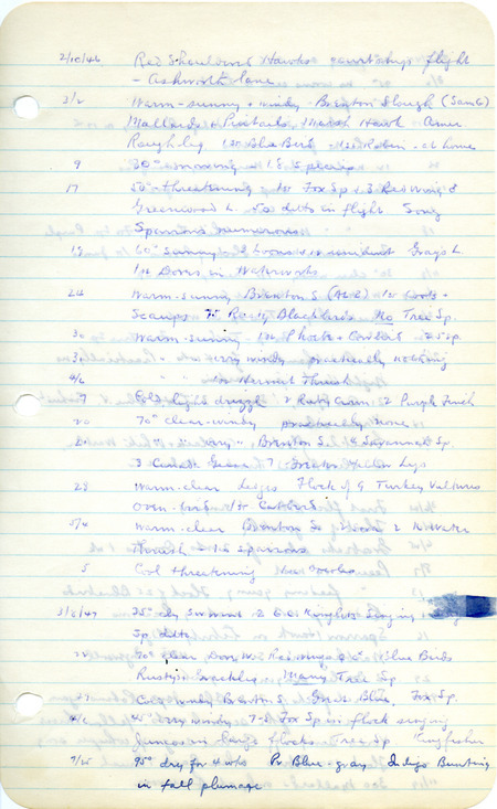 Handwritten notes listing birds sighted by Woodward Hart Brown from 1946 to 1980.