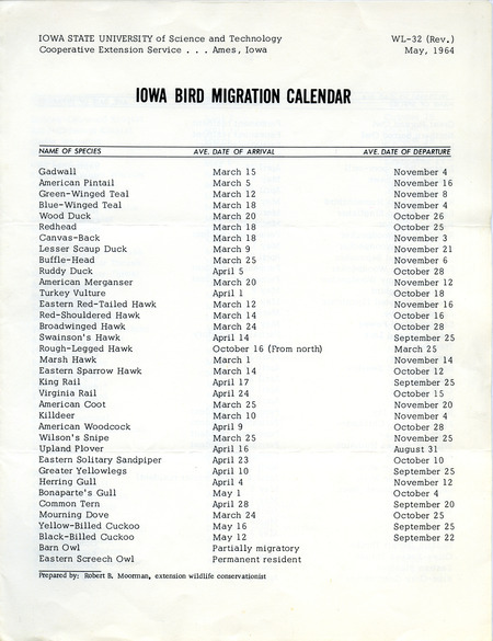 Iowa bird migration calendar compiled by Robert B. Moormen, May 1964. The calendar includes name of species, average date of arrival and average date of departure.