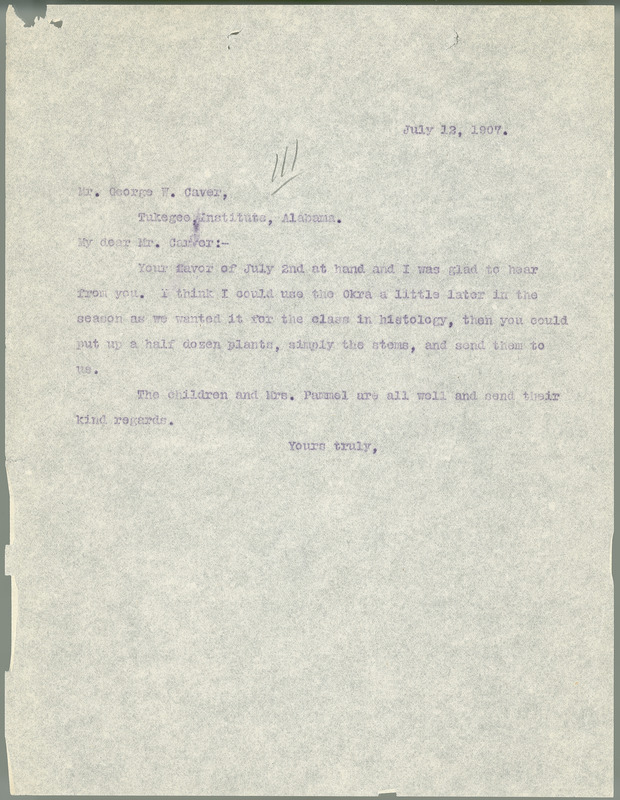 L. H. Pammel letter to George W. Carver, July 12, 1907