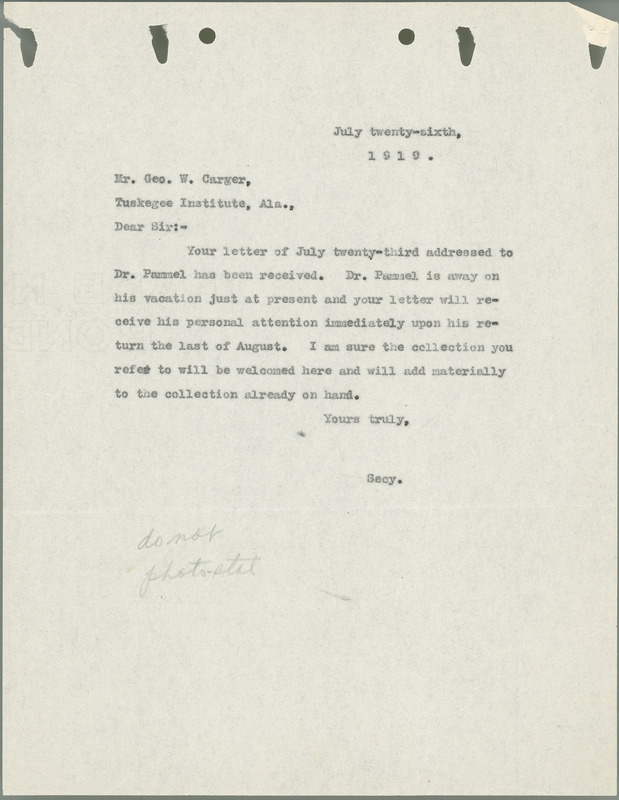 L. H. Pammel letter to George W. Carver, July 26, 1919