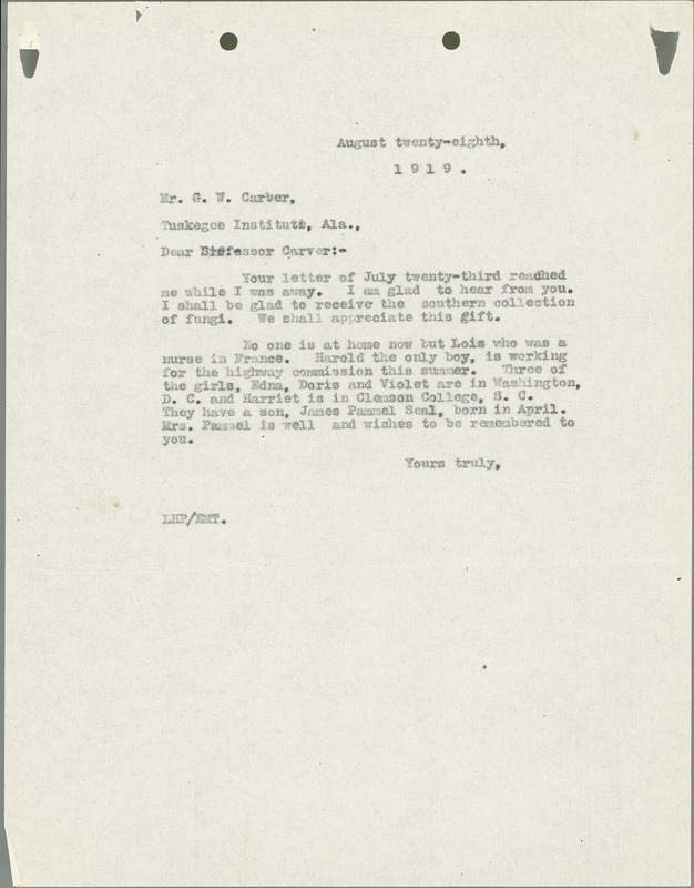 L. H. Pammel letter to George W. Carver, August 28, 1919