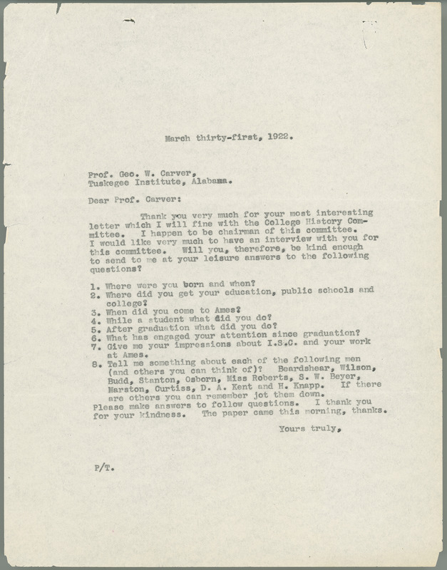 L. H. Pammel letter to George W. Carver, March 31, 1922