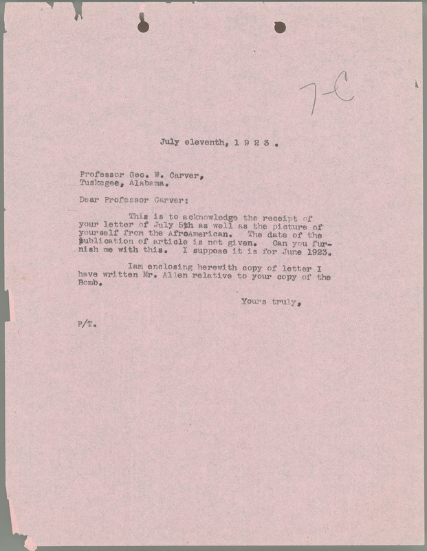 L. H. Pammel letter to George W. Carver, July 11, 1923