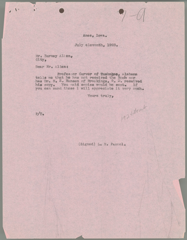 L. H. Pammel letter to Barney Allen, July 11, 1923