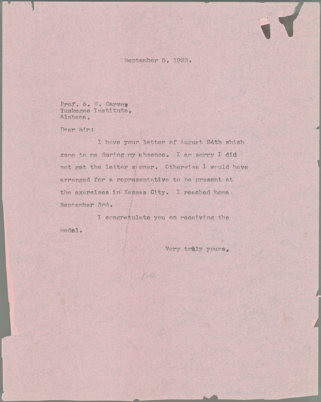 L. H. Pammel letter to George W. Carver, September 5, 1923