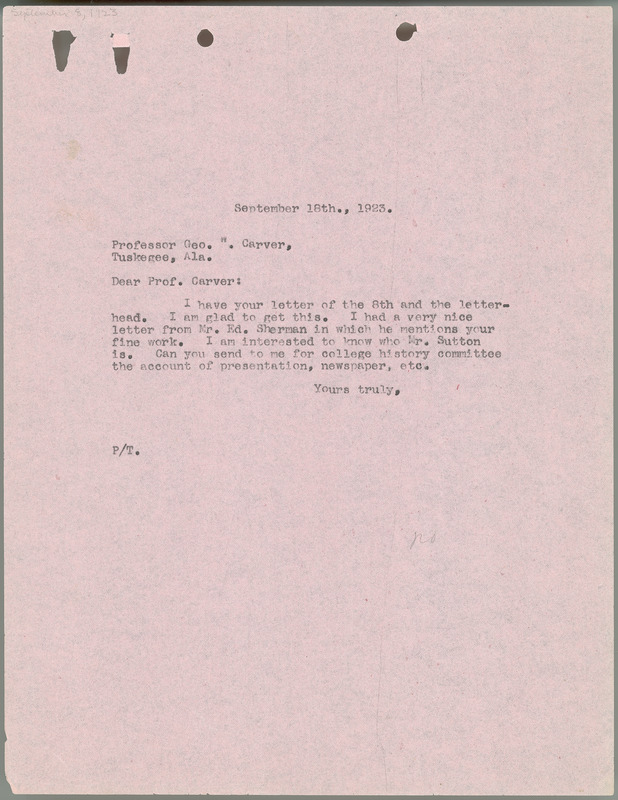 L. H. Pammel letter to George W. Carver, September 18, 1923