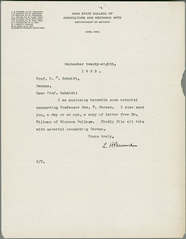 L. H. Pammel letter to L. B. Schmidt, September 28, 1923