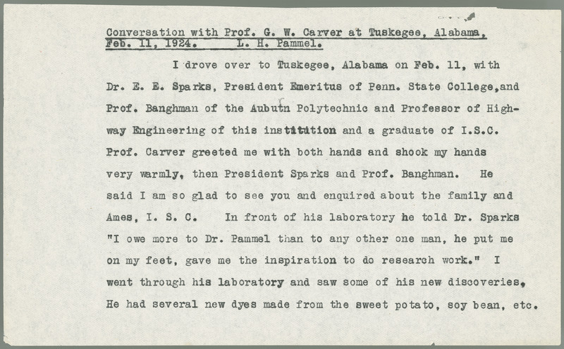 Conversation with Prof. G. W. Carver at Tuskegee, Alabama, February 11, 1924