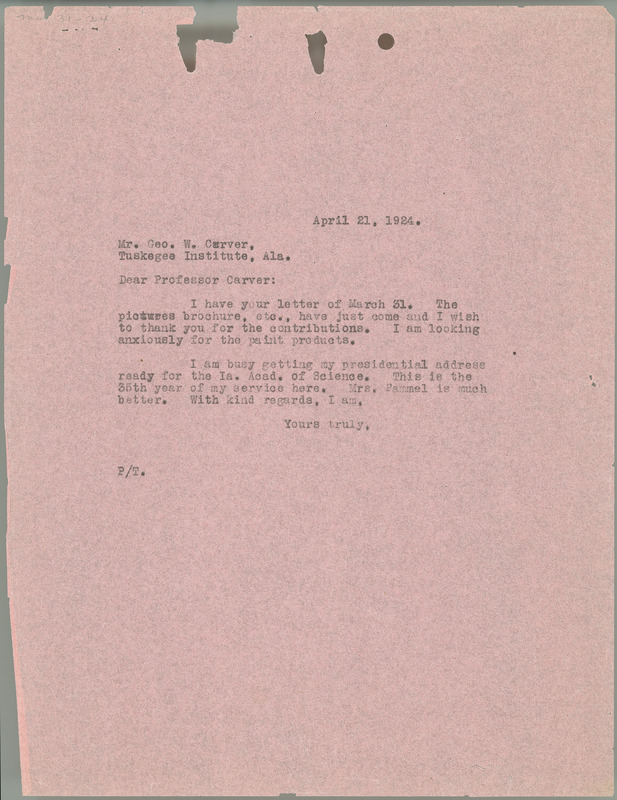 L. H. Pammel letter to George W. Carver, April 21, 1924