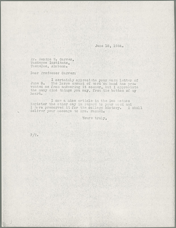 Letter from Louis H. Pammel in reply to George Washington Carver's letter of June 8, 1924. Pammel mentions a recent article in the Des Moines Register about Carver's work.