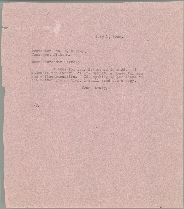 L. H. Pammel letter to George W. Carver, July 1, 1924