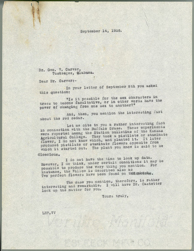 L. H. Pammel letter to George W. Carver, September 14, 1926