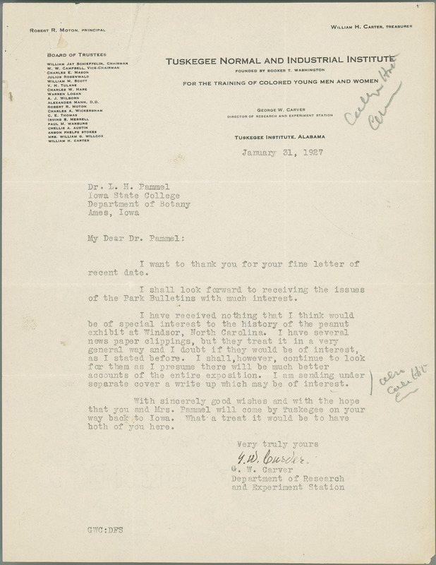 George W. Carver letter to L. H. Pammel, January 31, 1927