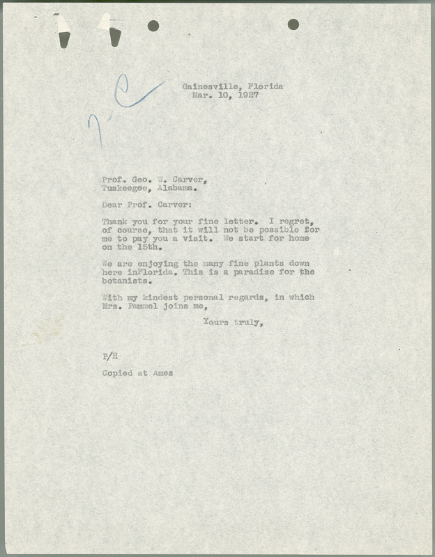 L. H. Pammel letter to George W. Carver, March 10, 1927