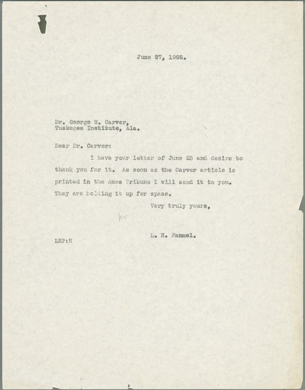 L. H. Pammel letter to George W. Carver, June 27, 1928