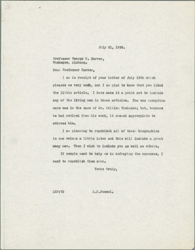 L. H. Pammel letter to George W. Carver, July 21, 1928