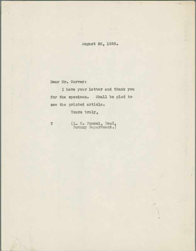 L. H. Pammel letter to George W. Carver, August 28, 1928