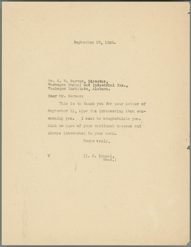 L. H. Pammel letter to George W. Carver, September 18, 1928