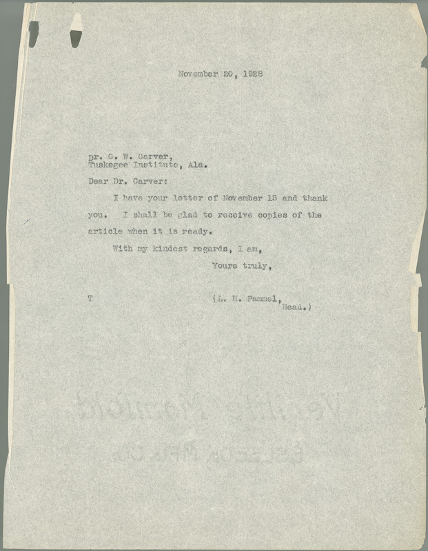 L. H. Pammel letter to George W. Carver, November 20, 1928