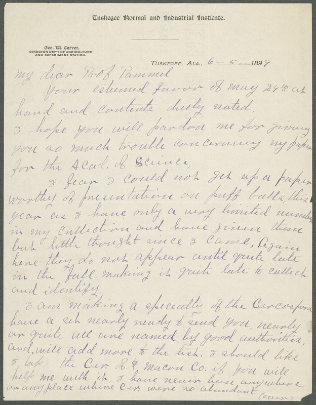 Letter from George Washington Carver to Louis H. Pammel regarding fungi, etc.